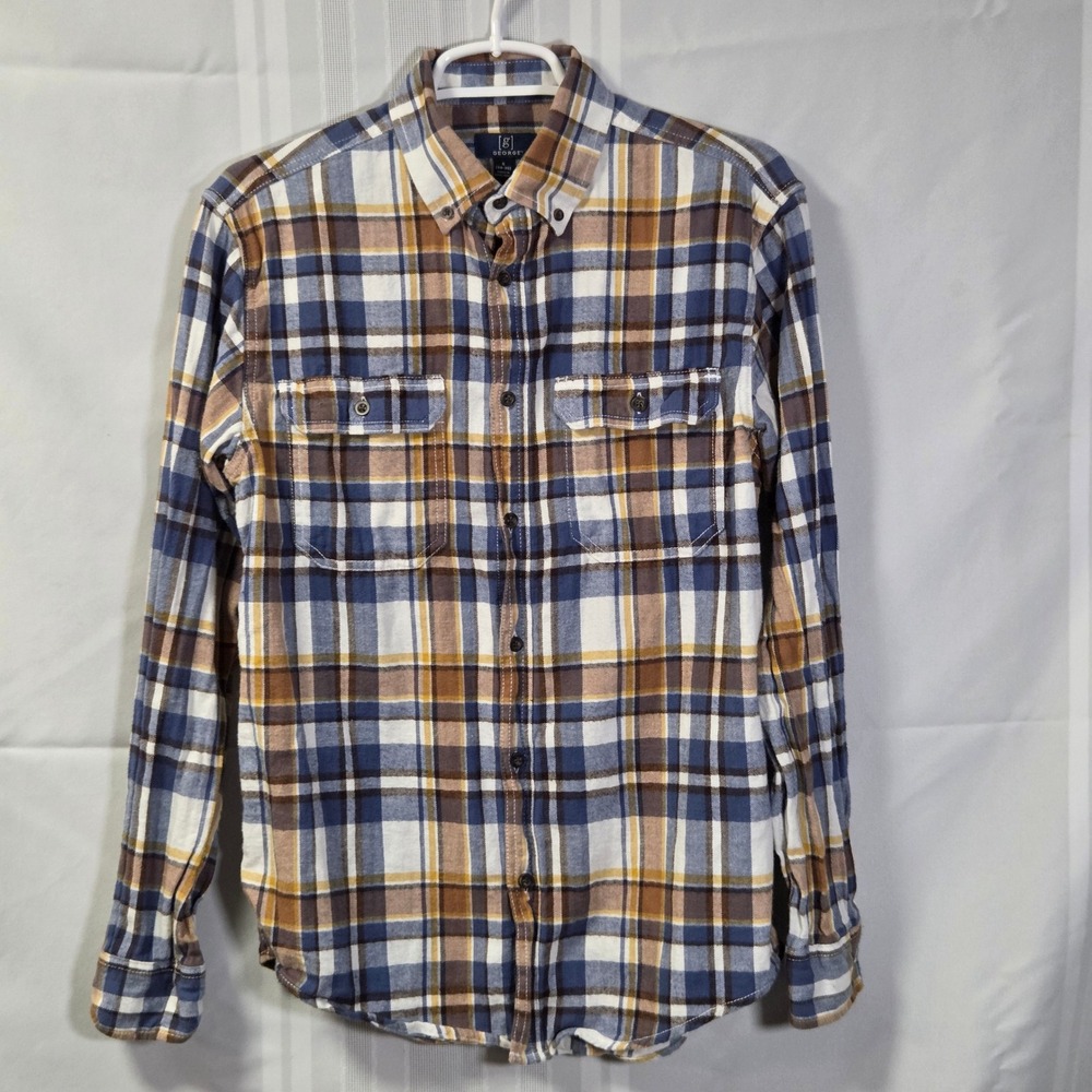 George Flannel Shirt Mens S Beige Combo Plaid Button Down GM49Y050H Cotton